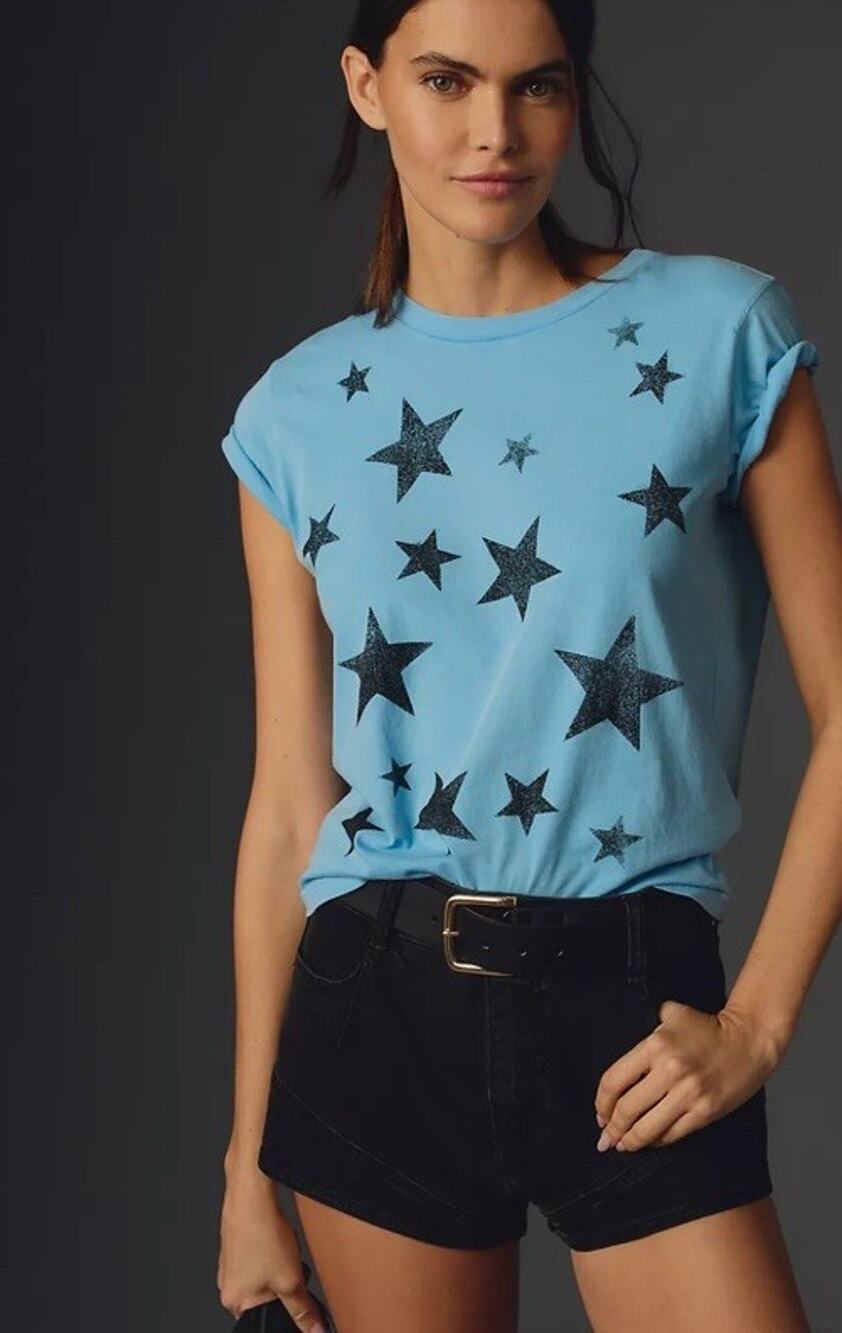 Mother Women's Blue The Lil Goodie Goodie Graphic T-Shirt Stars Top Size S